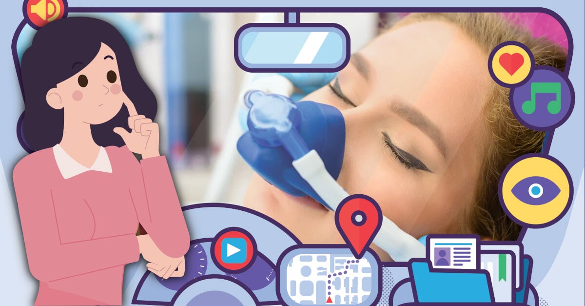 Illustration of a woman wondering if it's safe to drive after receiving dental gas, with icons representing decision-making factors like location, health, and alertness.